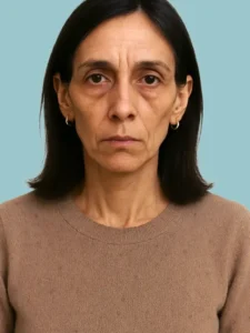 A female face transformation image showing signs of facial volume loss.