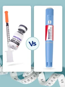 A split image with Mounjaro (vial and syringe) on one side and Ozempic pen on the other.