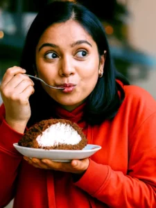 Young woman feeling guilty while eating cake.