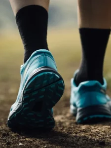 Close-up of feet in sports shoes walking on a park path.