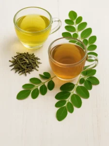 A plit pane showing green tea and moringa tea.